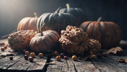 Rustic autumn still life pumpkins, gourds, leaves on wooden table