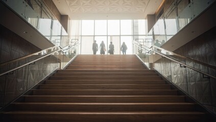 Silhouetted people ascend grand wooden stairs towards bright window light