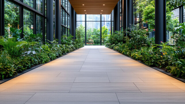 Indoor garden walkway with glass walls, modern planter border, natural light and serene mood