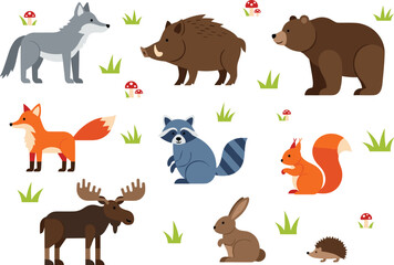Vector illustration set featuring cute forest animals including wolf, boar, bear, fox, raccoon, squirrel, moose, rabbit, and hedgehog with grass and mushroom elements