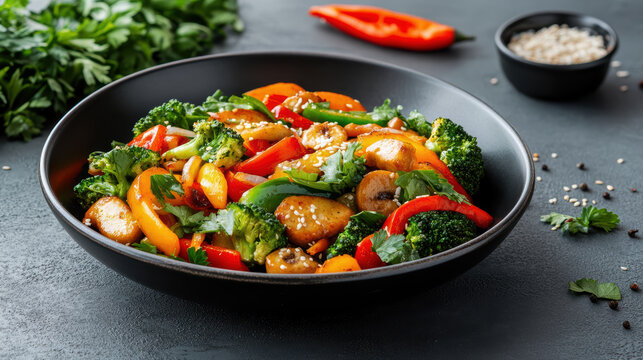 Broccoli mushroom bell pepper stir fry with sesame garnish, vibrant healthy vegetable dish - Powered by Adobe