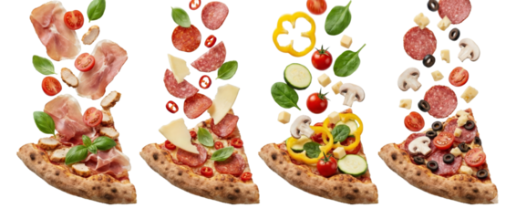 A delightful arrangement of appetizing pizza slices with flying ingredients