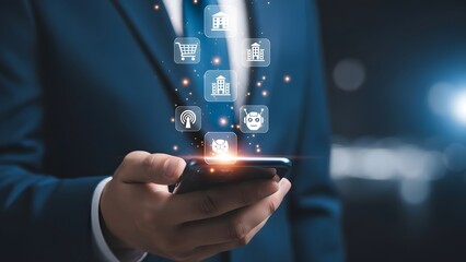 Business professional interacting with a digital interface projected from a smartphone