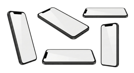 Collection of contemporary smartphones presented from various angles with blank screens isolated
