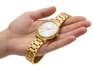 Luxury Gold Wristwatch Front View Held by Hands as if Gifting or Presenting to Someone Special