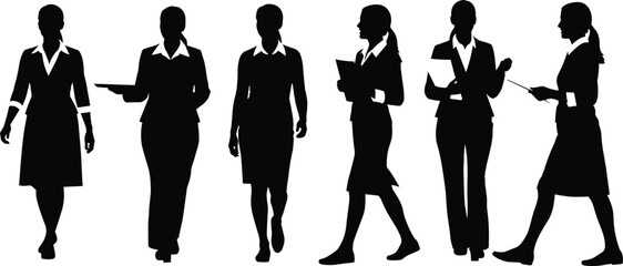 Set of Six Professional Businesswoman Silhouettes in Various Poses, Including Presenting, Walking, and Holding Documents, Ideal for Corporate and Office Design Graphics