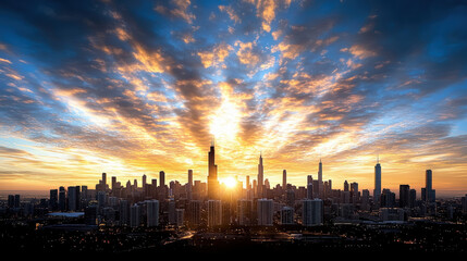 Naklejka premium Sunrise skyline with dramatic clouds and warm light