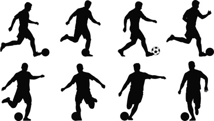 Set of Eight Dynamic Soccer Player Silhouettes in Various Poses, Including Dribbling and Kicking the Football, for Sports and Team Competition Graphic Design Isolated on White