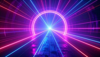 Futuristic tunnel with neon lights, bright central aperture