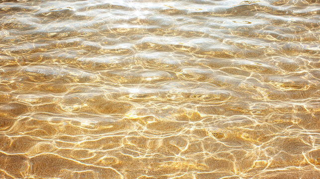 Golden water ripples sunlight reflections on shallow sandy beach
