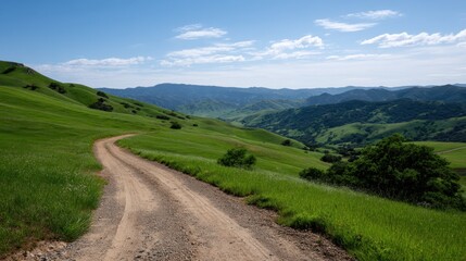 Fototapeta premium Scenic Rolling Green Hills with Dusty Trail Winding Through Nature's Beautiful Landscape