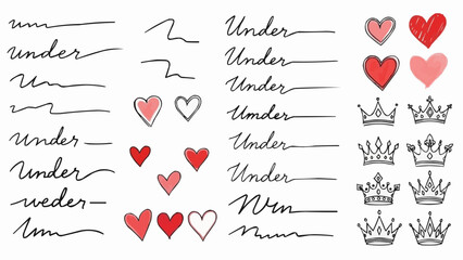 Handwritten words and decorative elements like hearts and crowns.
