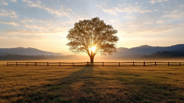 Golden sunrise behind lone tree in misty field, warm light and peaceful morning glow - Powered by Adobe