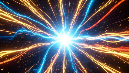 Abstract glowing energy burst with blue and orange light trails radiating from a bright center against a dark background, representing power, speed, or digital data flow