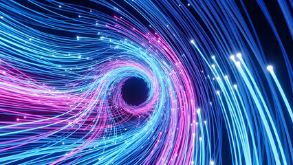 Abstract swirling vortex of glowing blue and pink fiber optic light trails creating a tunnel effect representing data flow or digital technology concept