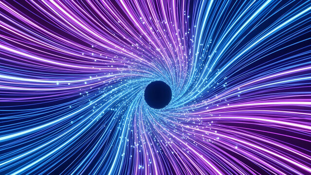 Abstract tunnel of glowing neon light trails in blue and purple swirling towards a dark center, futuristic hyperspace travel concept - Powered by Adobe