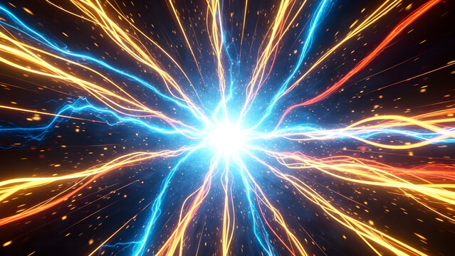 Abstract glowing energy burst with blue and orange light trails radiating from a bright center against a dark background, representing power, speed, or digital data flow - Powered by Adobe