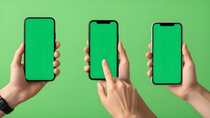 Three hands holding smartphones with green screen mockup display against a solid green background, concept for mobile app presentation or advertising