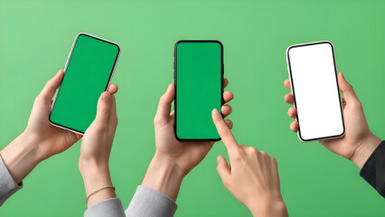 Three hands holding smartphones with green and white screens against a vibrant green background, concept of mobile technology and communication