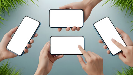 Four smartphones with blank white screens held by hands, surrounded by green leaves, concept of mobile technology and communication