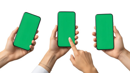 Three hands holding smartphones with green screen for mockup or presentation on white background