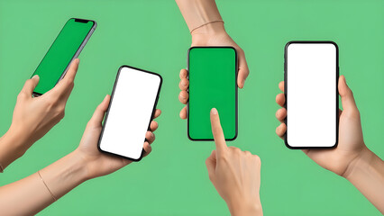 Multiple hands holding smartphones with green and white screens for mockup or presentation against a solid green background