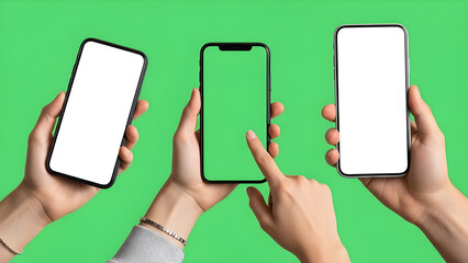 Three hands holding smartphones with blank screens, one with a green screen, against a vibrant green background, perfect for mockup and presentation