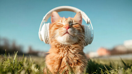 Cute Gray Tabby Cat Wearing White Headphones Enjoying Music Outdoors