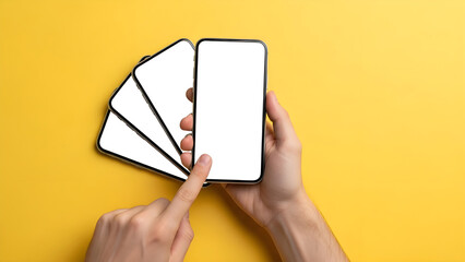 Hand holding modern smartphone with blank white screen, presenting multiple phone mockups on yellow background for advertising or presentation