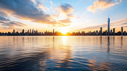 Obraz premium Warm sunset glow washing over skyline with reflective water and dramatic clouds