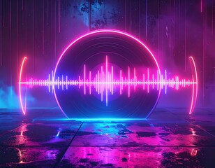 Glowing neon sound wave and record in a futuristic environment