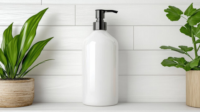 White pump bottle on wooden shelf with green plants and bright minimal decor