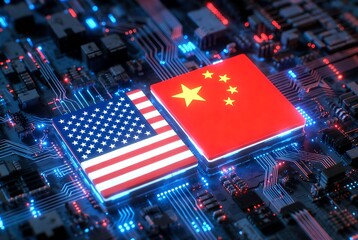 US and China flags on computer chips representing semiconductor tech war