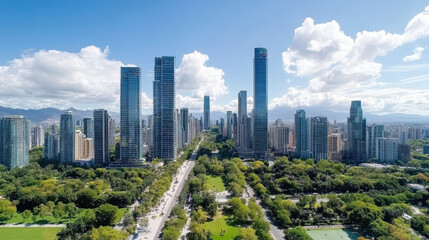 Obraz premium Skyline park avenue lined with trees and modern skyscraper towers under dramatic clouds