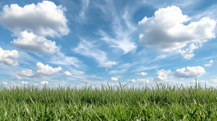 Obraz premium Wide grassland green grass under blue sky with dramatic clouds, airy peaceful mood
