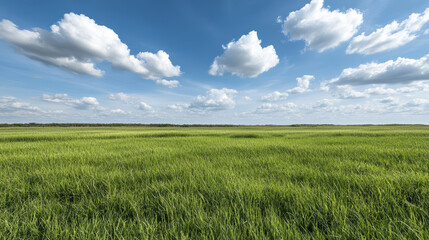 Obraz premium Wide grassland cloudscape with bright blue sky and peaceful natural mood