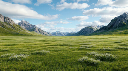 Fototapeta premium Wide green meadow valley with distant mountain range under bright sky, peaceful and expansive