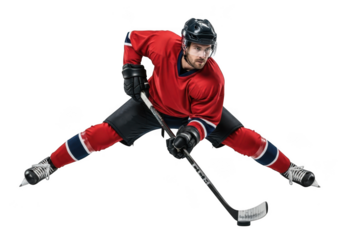 Hockey player in red jersey isolated on transparent background