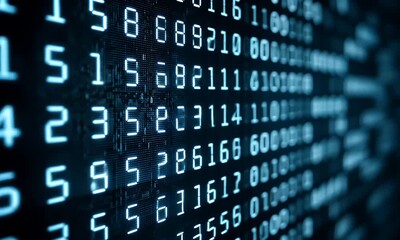 Abstract digital stream of glowing blue numbers and binary code flowing on a dark technological background representing data and information flow - Powered by Adobe