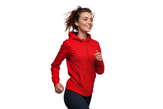 Happy young woman jogging and smiling isolated on transparent background - Powered by Adobe