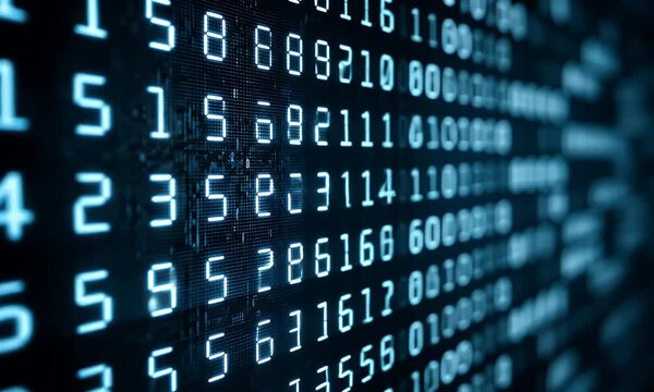Abstract digital stream of glowing blue numbers and binary code flowing on a dark technological background representing data and information flow