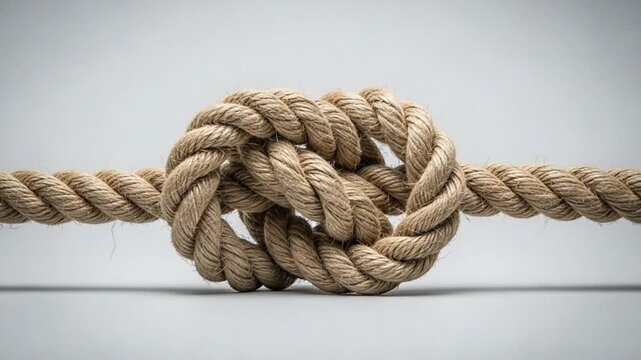 Close Up Of A Tightly Knotted Thick Natural Fiber Rope Against A Softly Lit Gray Background Symbolizing Connection Strength And Security