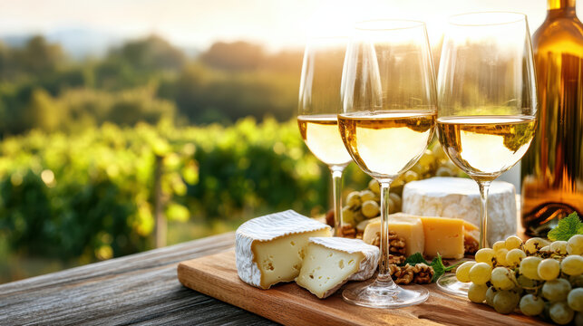 White wine glasses clinking over cheese board at golden hour vineyard picnic