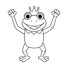 A cheerful frog prince wearing a tiny crown raises his arms in a joyful pose. Bold, simple outlines and cute details create a fun, magical coloring page perfect for kids and creativity.
