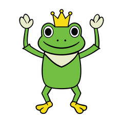 A cheerful frog prince stands tall with a tiny crown, raising his arms in joyful triumph, his wide smile glowing with playful charm and fairy-tale magic all around him.
