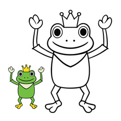 A cheerful frog prince wearing a tiny crown raises his arms in a joyful pose. Bold, simple outlines and cute details create a fun, magical coloring page perfect for kids and creativity.
