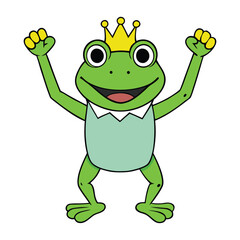 A cheerful frog prince stands tall with a tiny crown, raising his arms in joyful triumph, his wide smile glowing with playful charm and fairy-tale magic all around him.

