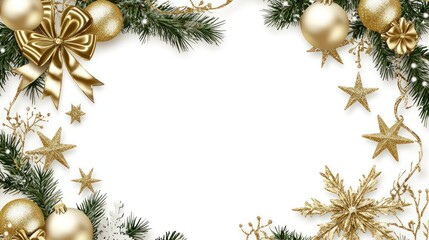 Christmas-themed decorations with gold and silver ornaments, stars, and snowflakes on a white background.
