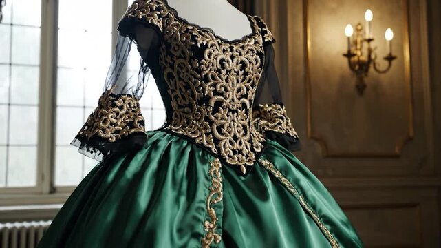 Elegant gown mannequin gold embroidery green skirt historical fashion style ornate decorative detail luxury textile design traditional clothing rich fabric period costume display interior setting