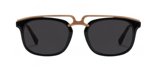 Black sunglasses with brown wooden frame details isolated on a transparent background